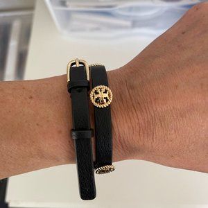 Tory Burch Double Wrap Leather Bracelet - Black and Gold